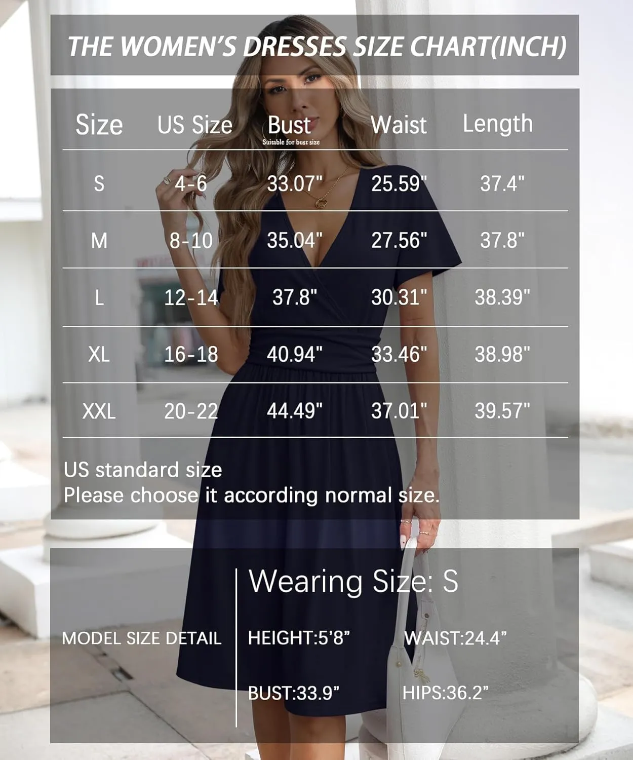 Women's Summer Short Sleeve Casual Wrap Dresses V-Neck with Pockets Elastic Waist Flowy Midi Beach Dress