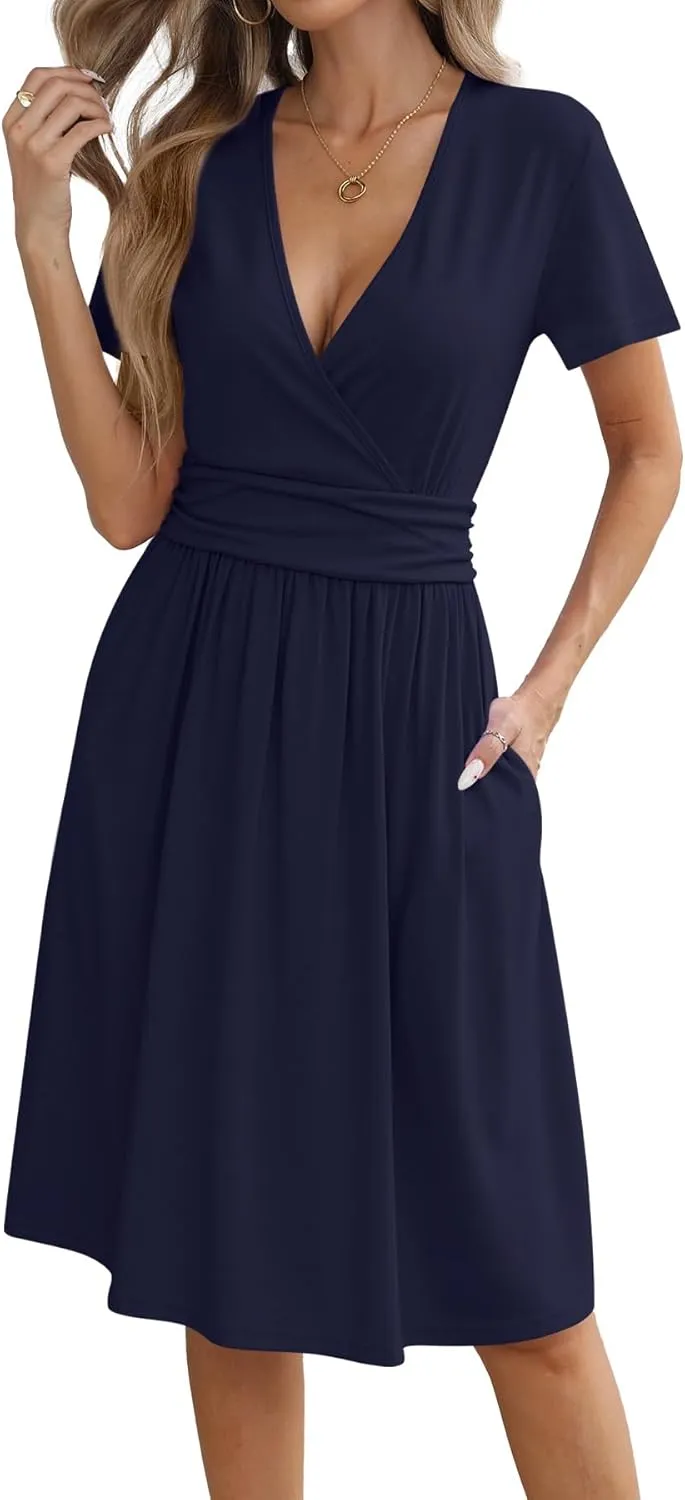 Women's Summer Short Sleeve Casual Wrap Dresses V-Neck with Pockets Elastic Waist Flowy Midi Beach Dress