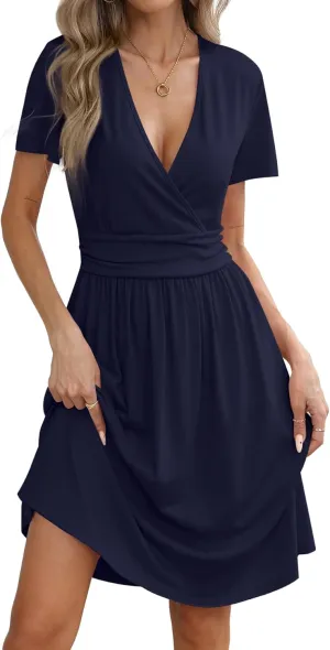 Women's Summer Short Sleeve Casual Wrap Dresses V-Neck with Pockets Elastic Waist Flowy Midi Beach Dress