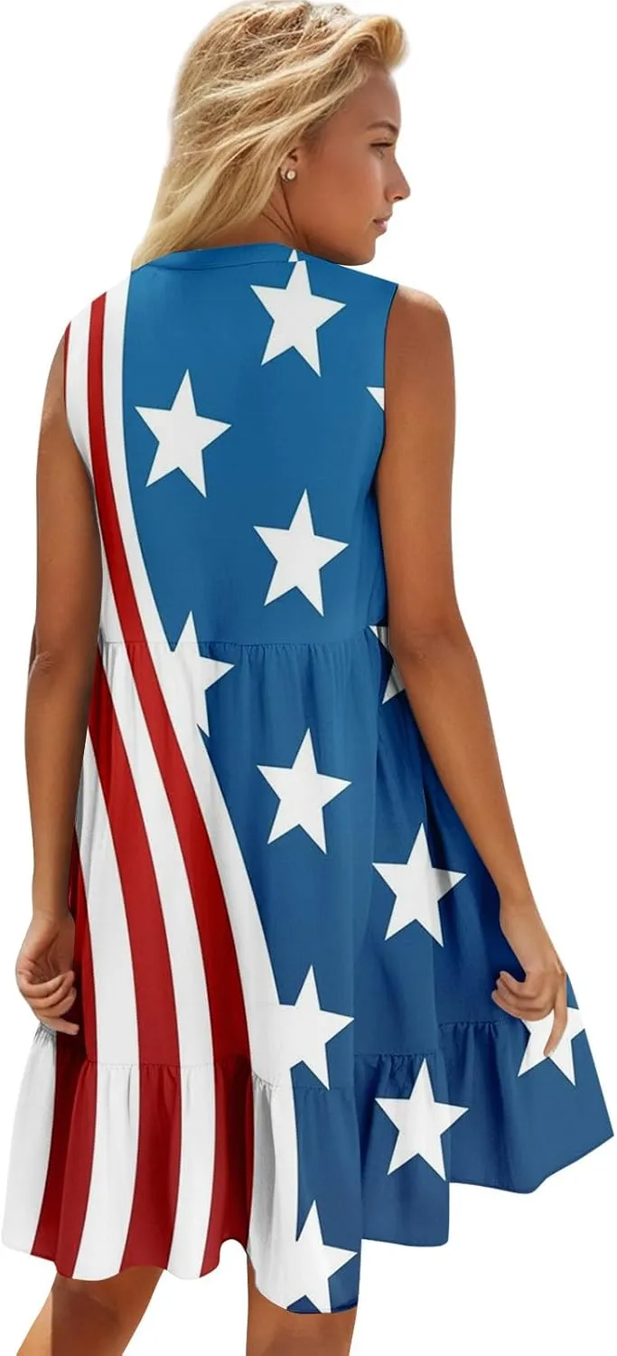 Womens Summer Sleeveless V Neck Short Fashion Casual Flowy Boho Ruffle A Line Swing Sundress