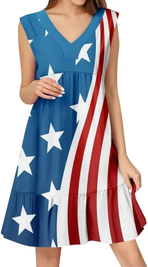 Womens Summer Sleeveless V Neck Short Fashion Casual Flowy Boho Ruffle A Line Swing Sundress