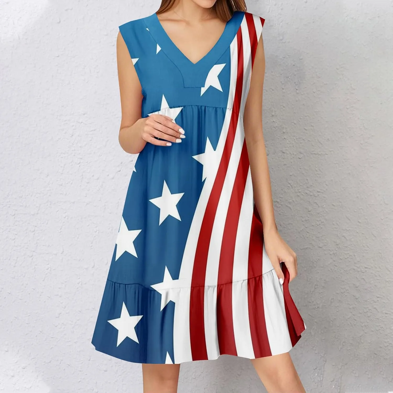 Womens Summer Sleeveless V Neck Short Fashion Casual Flowy Boho Ruffle A Line Swing Sundress
