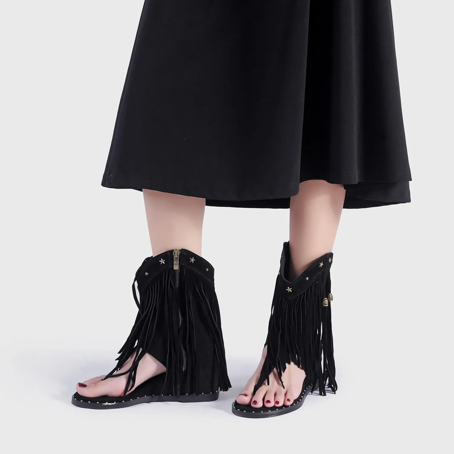 Women's Tassel Gladiator Flats Sandals Roman Thong Flip Flops Sandal with Rivets Bohemian Fringe Wedge Heel Shoes Summer Western Flat Ankle Boots