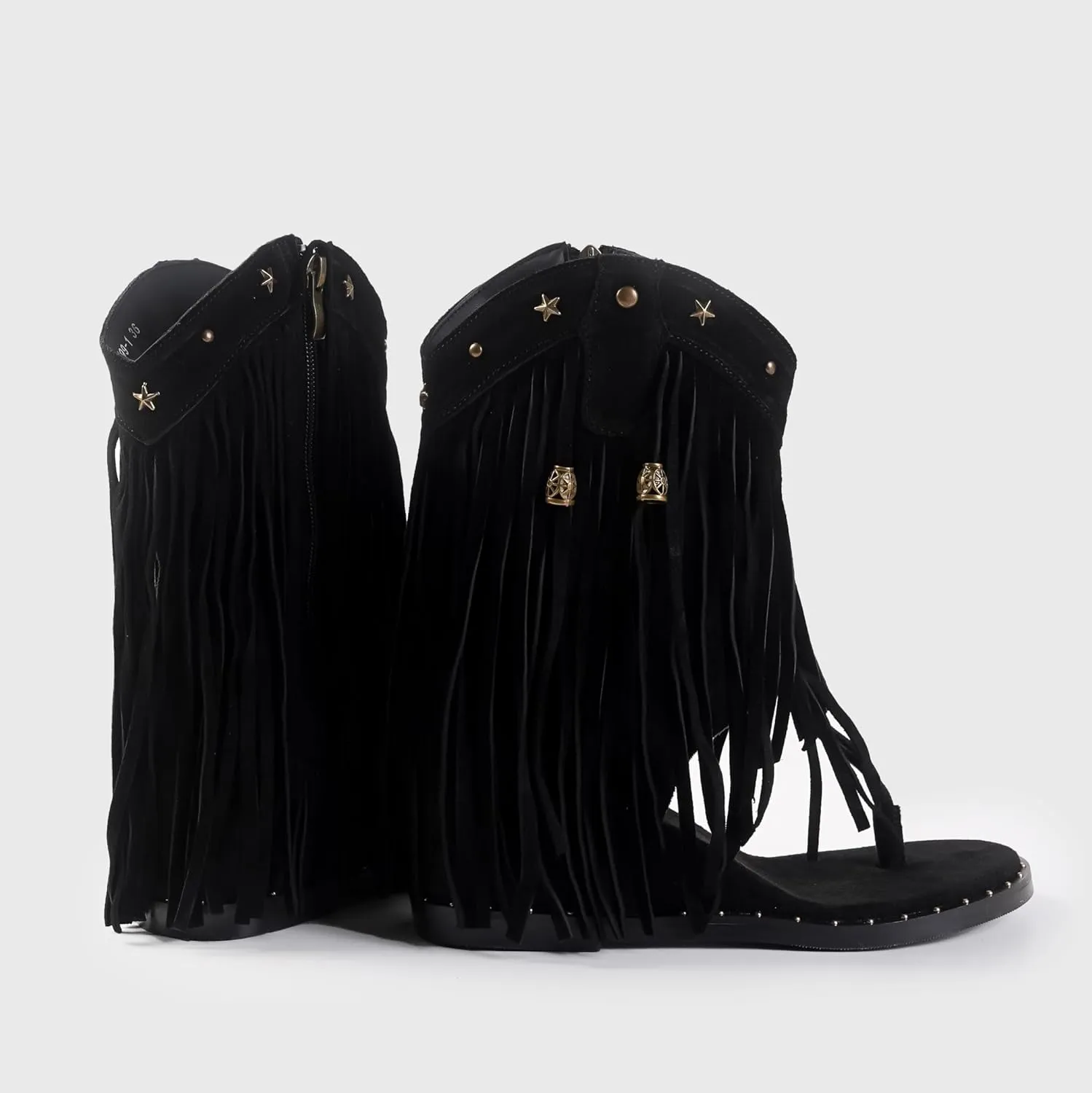 Women's Tassel Gladiator Flats Sandals Roman Thong Flip Flops Sandal with Rivets Bohemian Fringe Wedge Heel Shoes Summer Western Flat Ankle Boots