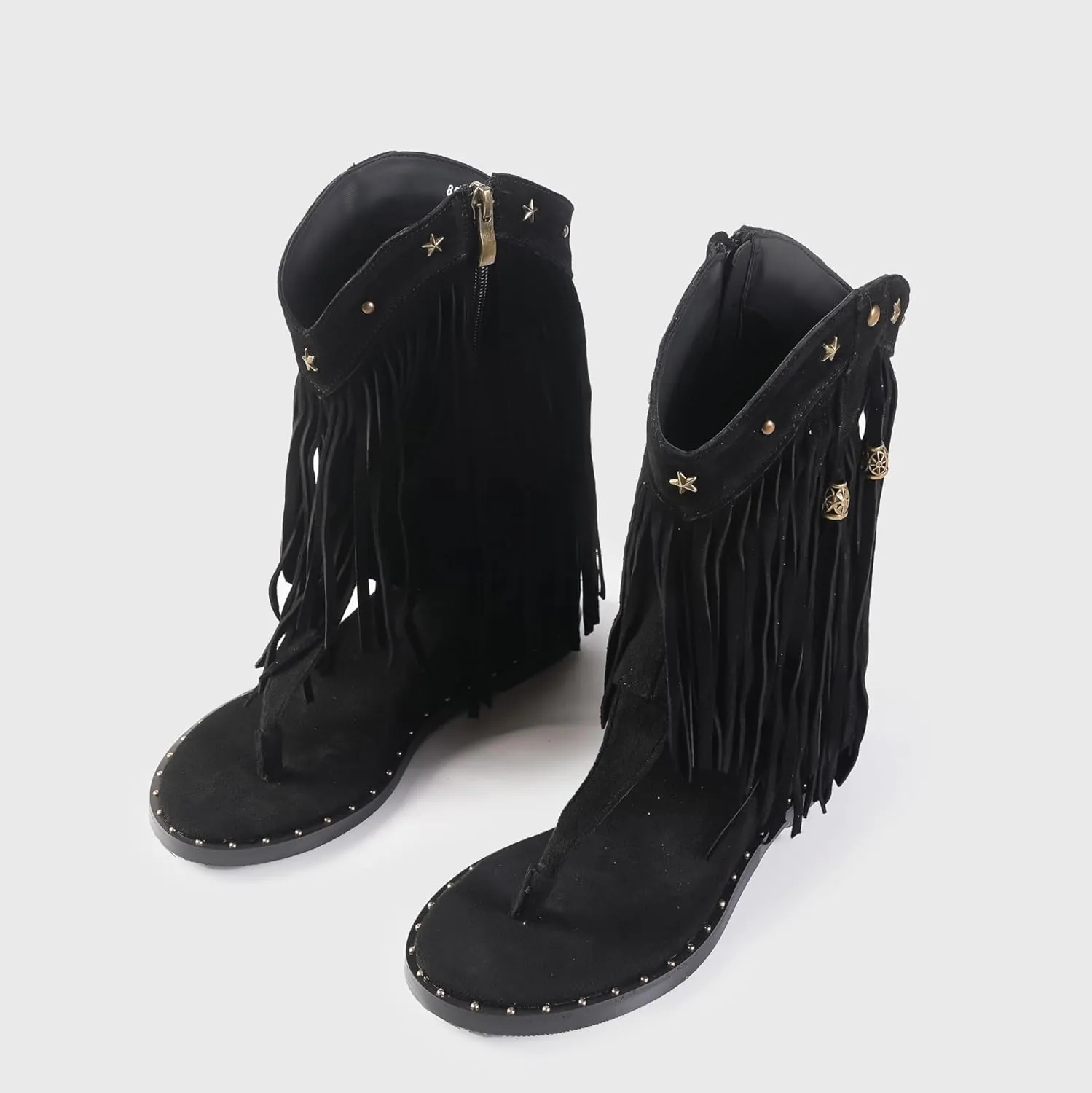 Women's Tassel Gladiator Flats Sandals Roman Thong Flip Flops Sandal with Rivets Bohemian Fringe Wedge Heel Shoes Summer Western Flat Ankle Boots