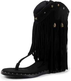 Women's Tassel Gladiator Flats Sandals Roman Thong Flip Flops Sandal with Rivets Bohemian Fringe Wedge Heel Shoes Summer Western Flat Ankle Boots