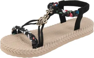 Women's Thick Soled Sandals Hollow Beach Elastic Ankle Strap Vacation Shoes Elegant Bohemian Dress Sandals