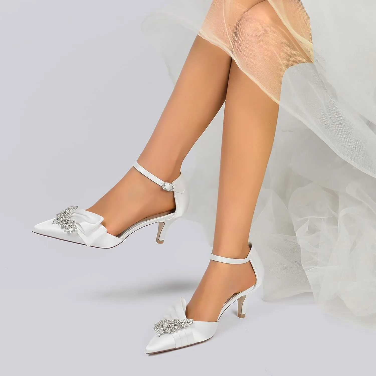 Women's Toe Satin Wedding for Bride Bridal Shoes with Ankle Buckle Strap Crystals Prom Party Pumps Sandals
