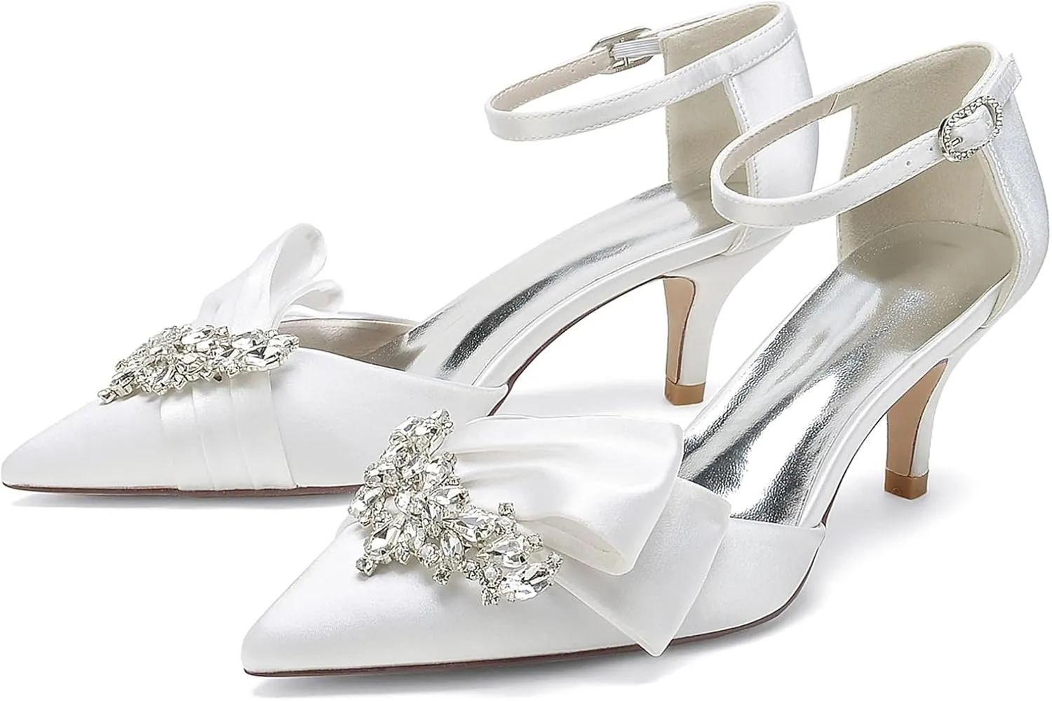 Women's Toe Satin Wedding for Bride Bridal Shoes with Ankle Buckle Strap Crystals Prom Party Pumps Sandals