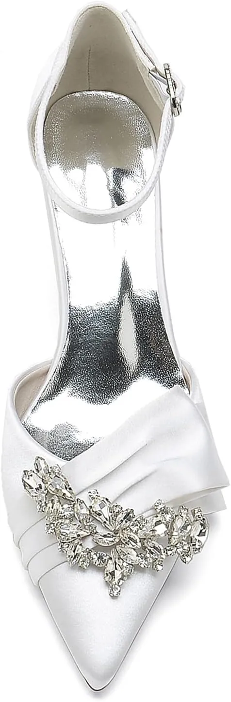 Women's Toe Satin Wedding for Bride Bridal Shoes with Ankle Buckle Strap Crystals Prom Party Pumps Sandals