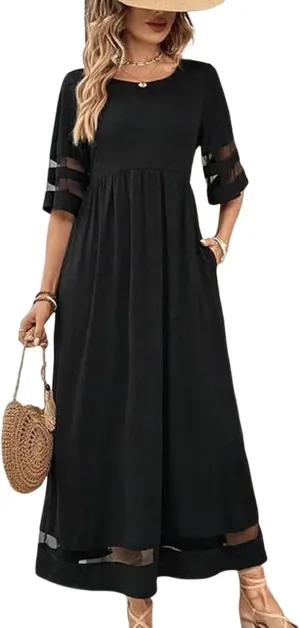 Women's Trendy Black Mesh Panel Dress 2025 Summer Casual Round Neck High Waist 3/4 Sleeve Vacation Lounge Maxi Dresses