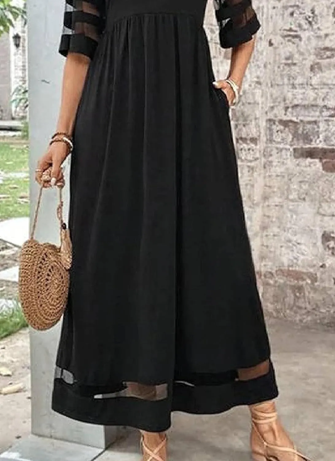 Women's Trendy Black Mesh Panel Dress 2025 Summer Casual Round Neck High Waist 3/4 Sleeve Vacation Lounge Maxi Dresses