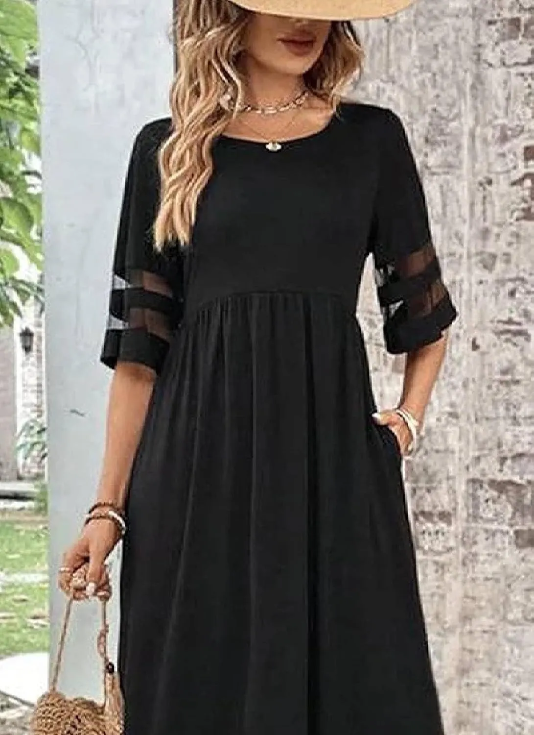 Women's Trendy Black Mesh Panel Dress 2025 Summer Casual Round Neck High Waist 3/4 Sleeve Vacation Lounge Maxi Dresses