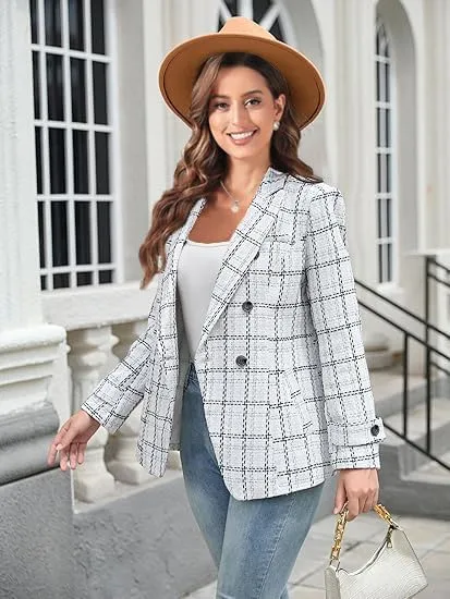 Womens Tweed Blazer Jackets Fall Winter Warm Fashion Casual Open Front Business Elegant Work Suit Top Pocket