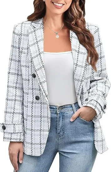 Womens Tweed Blazer Jackets Fall Winter Warm Fashion Casual Open Front Business Elegant Work Suit Top Pocket