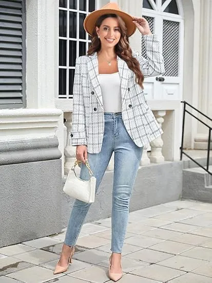 Womens Tweed Blazer Jackets Fall Winter Warm Fashion Casual Open Front Business Elegant Work Suit Top Pocket