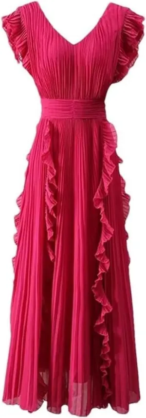 Women's Vintage Dresses Ruched Ruffles Flutter Sleeve Chiffon Solid Color Midi Dress Elegant Party