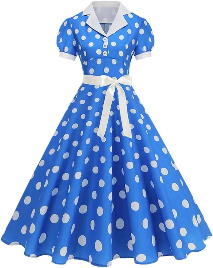 Women's Vintage Polka Dot A Line Dress Notched Collar Short Sleeve Belted 1950S 60S Style Elegant Dress Blue