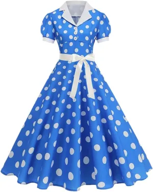 Women's Vintage Polka Dot A Line Dress Notched Collar Short Sleeve Belted 1950S 60S Style Elegant Dress Blue