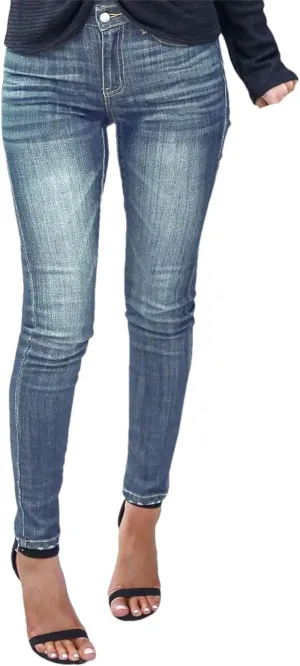 Women's Vintage Wash Jeans Contrast Stitching Solid Slim Skinny Pencil Pants