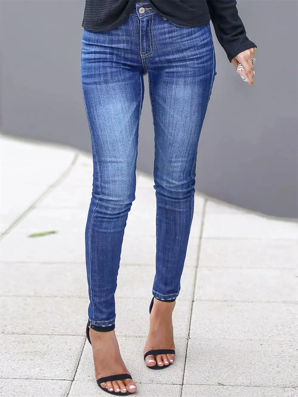 Women's Vintage Wash Jeans Contrast Stitching Solid Slim Skinny Pencil Pants