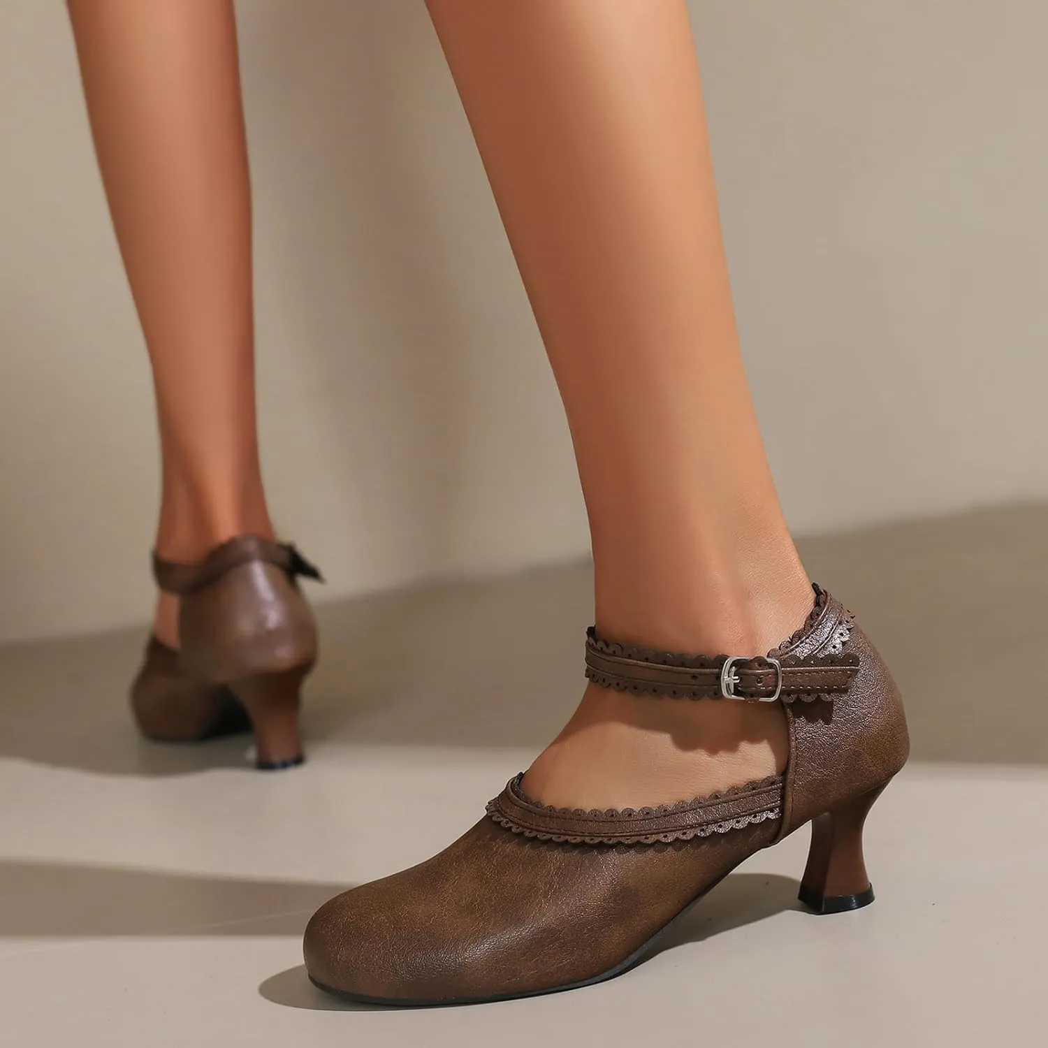 Women's Vintage Wingtip Oxfords Ankle Strap Cut Out Low Heel Brogue for Women