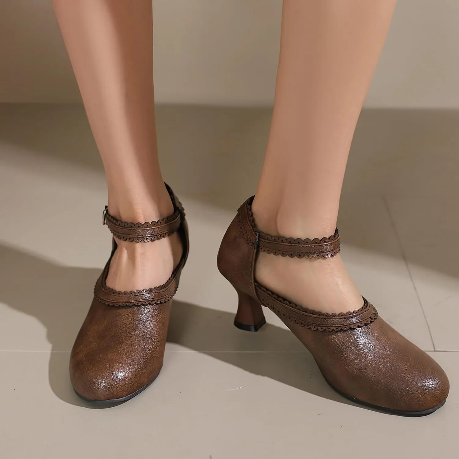 Women's Vintage Wingtip Oxfords Ankle Strap Cut Out Low Heel Brogue for Women