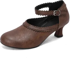 Women's Vintage Wingtip Oxfords Ankle Strap Cut Out Low Heel Brogue for Women