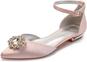 Women's Wedding Flats Pointed Toe Bridal Dress Shoes Pumps Satin Bridal Flats Rhinestones Prom Wedding Shoes for Bride