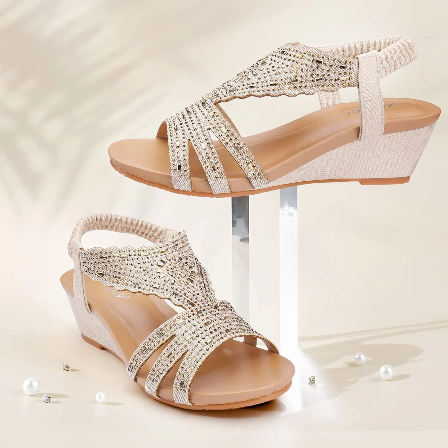 Womens Wedge Sandals Elastic Ankle Straps Open Toe Elegant Thick Soles Comfortable Dream Pairs