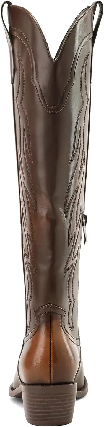 Women's Western Cowboy Boots Knee High - Embroidered Pointed Toe Chunky Heel Equestrian boots for Riding, Country Fashion (Black, Wide Calf)
