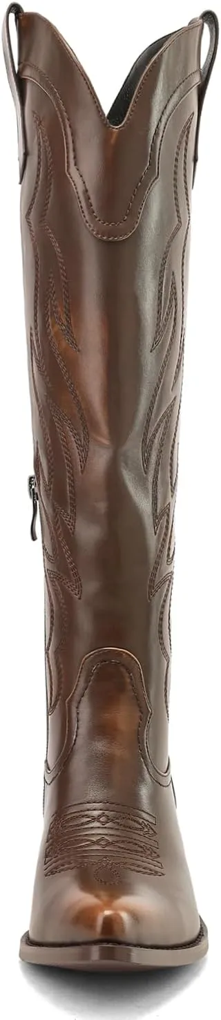 Women's Western Cowboy Boots Knee High - Embroidered Pointed Toe Chunky Heel Equestrian boots for Riding, Country Fashion (Black, Wide Calf)