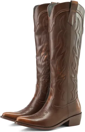 Women's Western Cowboy Boots Knee High - Embroidered Pointed Toe Chunky Heel Equestrian boots for Riding, Country Fashion (Black, Wide Calf)