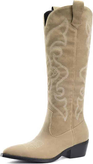 Women's Western Cowboy Boots Knee High - Embroidered Pointed Toe Chunky Heel Equestrian boots for Riding, Country Fashion (Black, Wide Calf)
