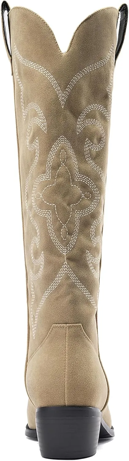 Women's Western Cowboy Boots Knee High - Embroidered Pointed Toe Chunky Heel Equestrian boots for Riding, Country Fashion (Black, Wide Calf)