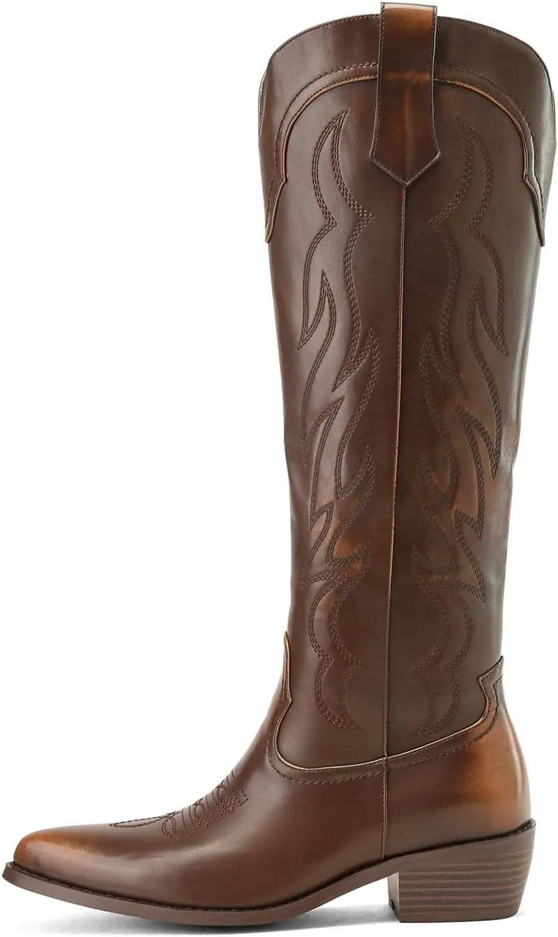 Women's Western Cowboy Boots Knee High - Embroidered Pointed Toe Chunky Heel Equestrian boots for Riding, Country Fashion (Black, Wide Calf)