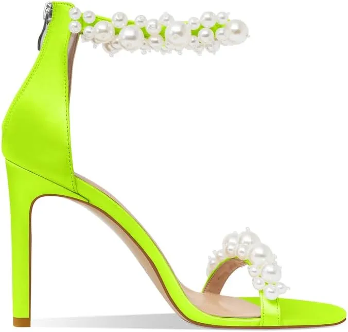 Women's White Heeled Sandals with Pearl Decoration Stiletto Heels Open Toe Back Zipper Wedding Sexy Elegant Summer High Heels Evening Party Shoes