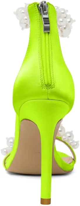 Women's White Heeled Sandals with Pearl Decoration Stiletto Heels Open Toe Back Zipper Wedding Sexy Elegant Summer High Heels Evening Party Shoes