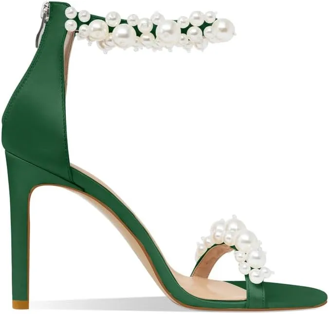 Women's White Heeled Sandals with Pearl Decoration Stiletto Heels Open Toe Back Zipper Wedding Sexy Elegant Summer High Heels Evening Party Shoes