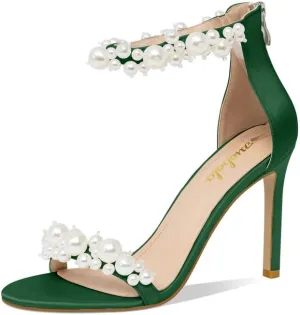 Women's White Heeled Sandals with Pearl Decoration Stiletto Heels Open Toe Back Zipper Wedding Sexy Elegant Summer High Heels Evening Party Shoes