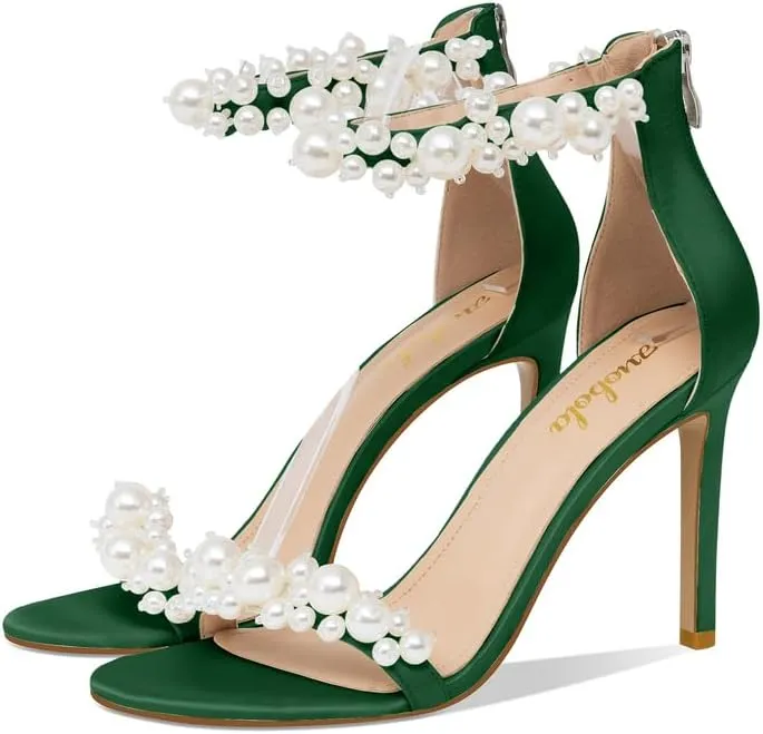 Women's White Heeled Sandals with Pearl Decoration Stiletto Heels Open Toe Back Zipper Wedding Sexy Elegant Summer High Heels Evening Party Shoes