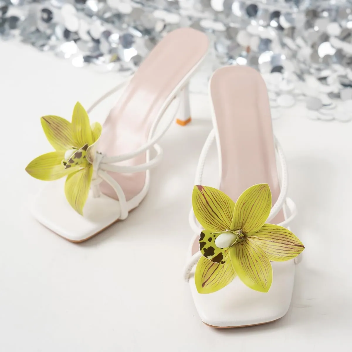 Women's White Leather High Heel Sandals - Floral Accent Square Toe Sandals with Pearl Anklet - Elegant Wedding & Party Shoes