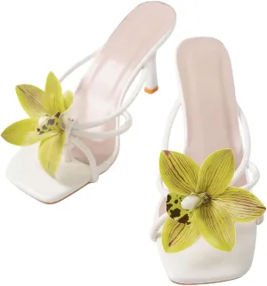 Women's White Leather High Heel Sandals - Floral Accent Square Toe Sandals with Pearl Anklet - Elegant Wedding & Party Shoes