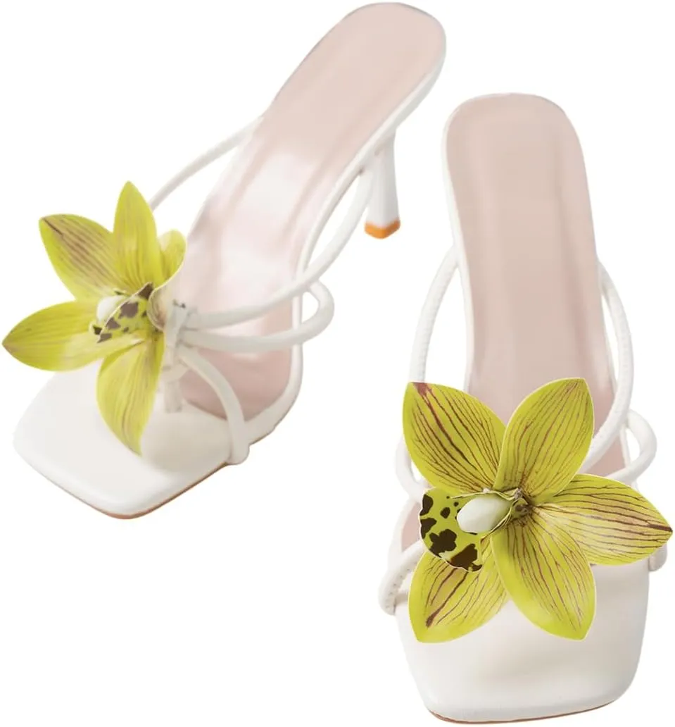 Women's White Leather High Heel Sandals - Floral Accent Square Toe Sandals with Pearl Anklet - Elegant Wedding & Party Shoes
