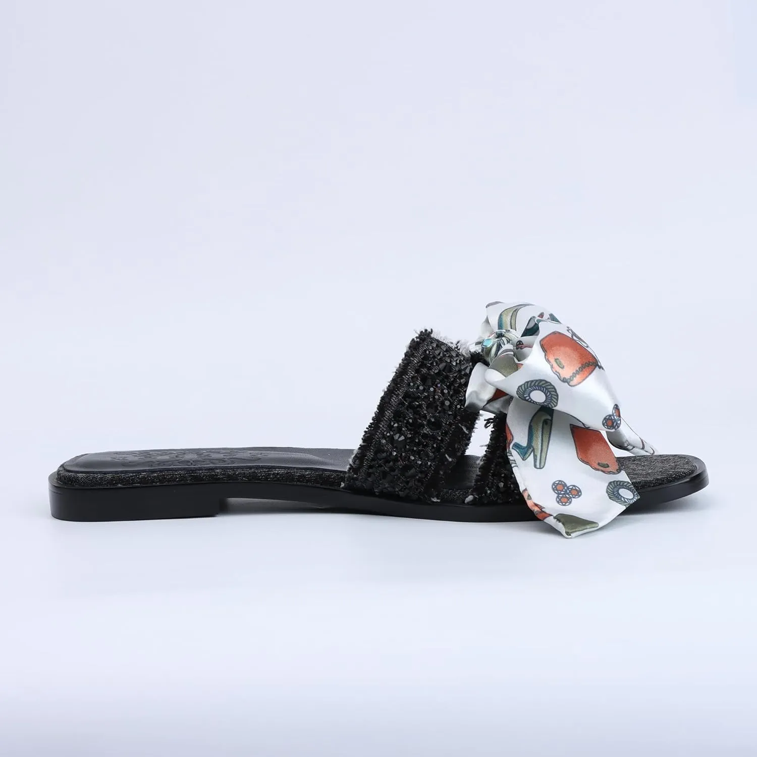 XOBZJH Evening Dress Shoes Rhinestone H-Brand Black Flat Sandals for Women 2025,Designer Luxury Crystals Slides Sandals for Wedding Party Slippers Footwear