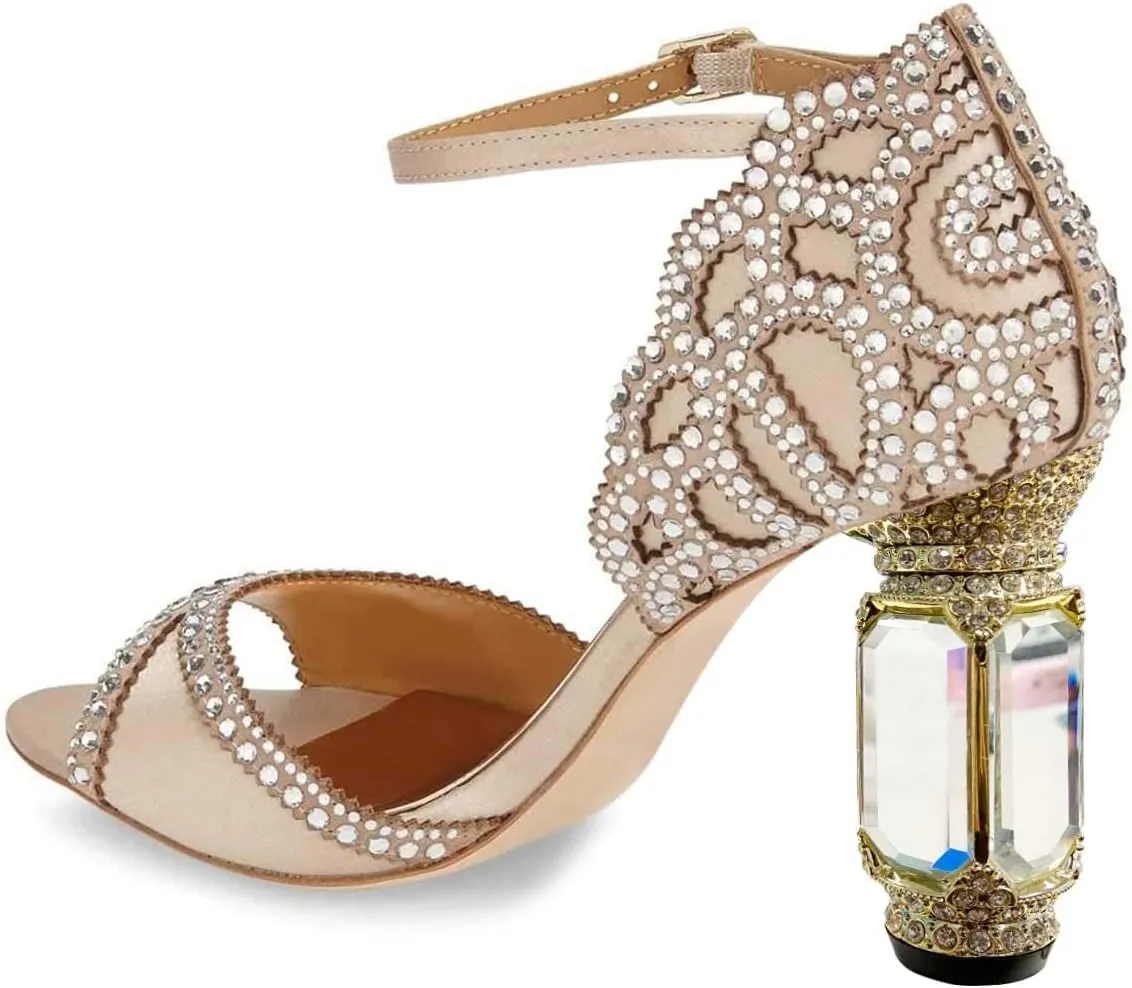 XYD Women Bridal Evening Heels Open Toe Rhinestone Studs Block High Heeled Sandals Ankle Strap Elegant Shoes for Wedding Party Dinner