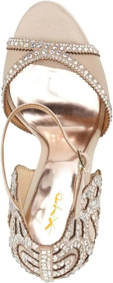XYD Women Bridal Evening Heels Open Toe Rhinestone Studs Block High Heeled Sandals Ankle Strap Elegant Shoes for Wedding Party Dinner