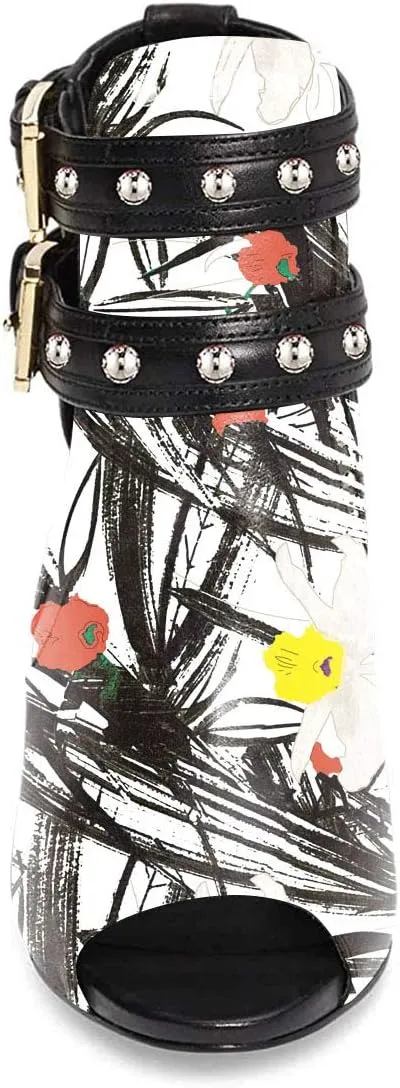 XYD Women Chic Studs Peep Toe Ankle Bootie High Heel Pumps Buckled Double Straps Cutout Fashion Party Shoes
