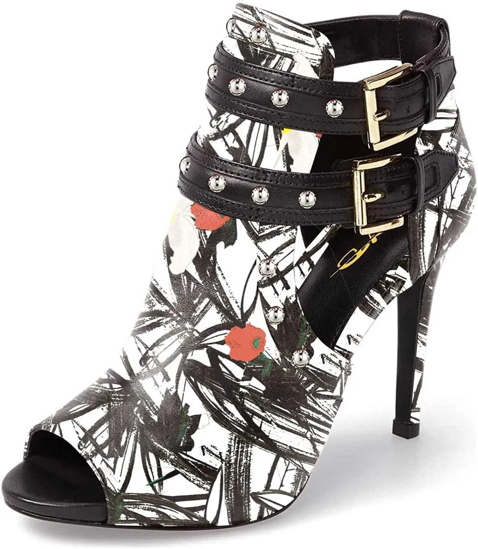 XYD Women Chic Studs Peep Toe Ankle Bootie High Heel Pumps Buckled Double Straps Cutout Fashion Party Shoes