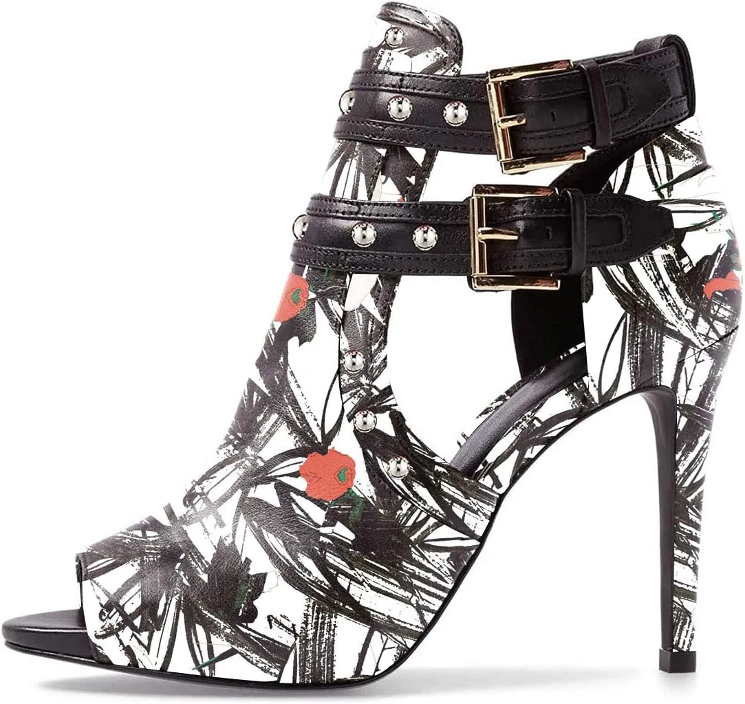 XYD Women Chic Studs Peep Toe Ankle Bootie High Heel Pumps Buckled Double Straps Cutout Fashion Party Shoes